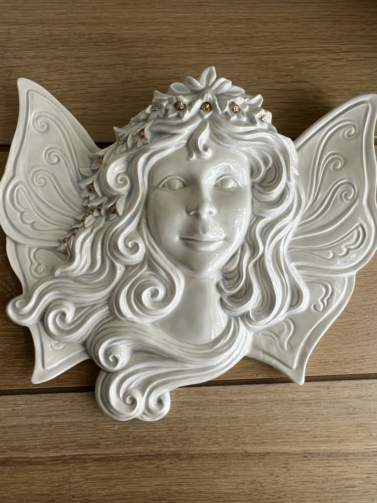 Vintage Ceramic Fairy Wall Plaque Angel Fairy Face Winged Decor Cottagecore