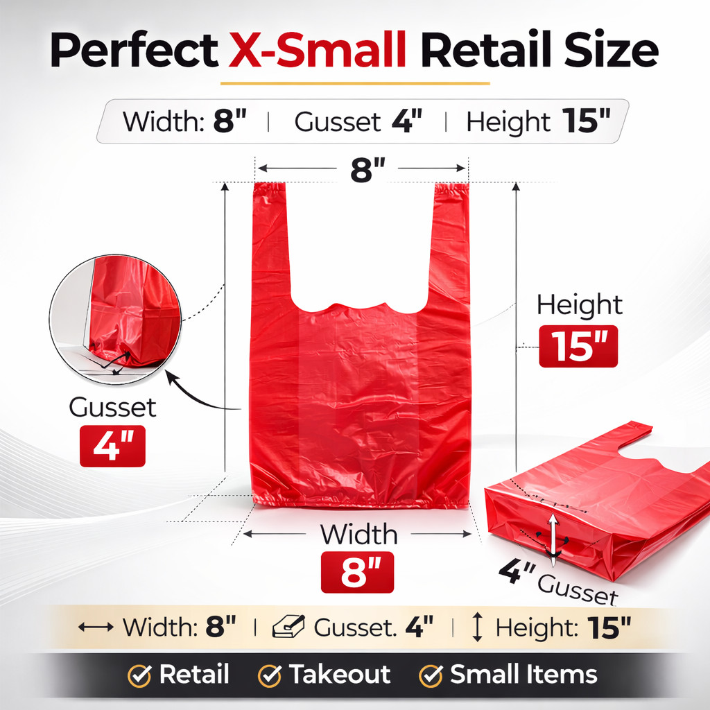 Red T-Shirt Plastic Bags 8x4x15 0.55 Mil Grocery Retail Carryout