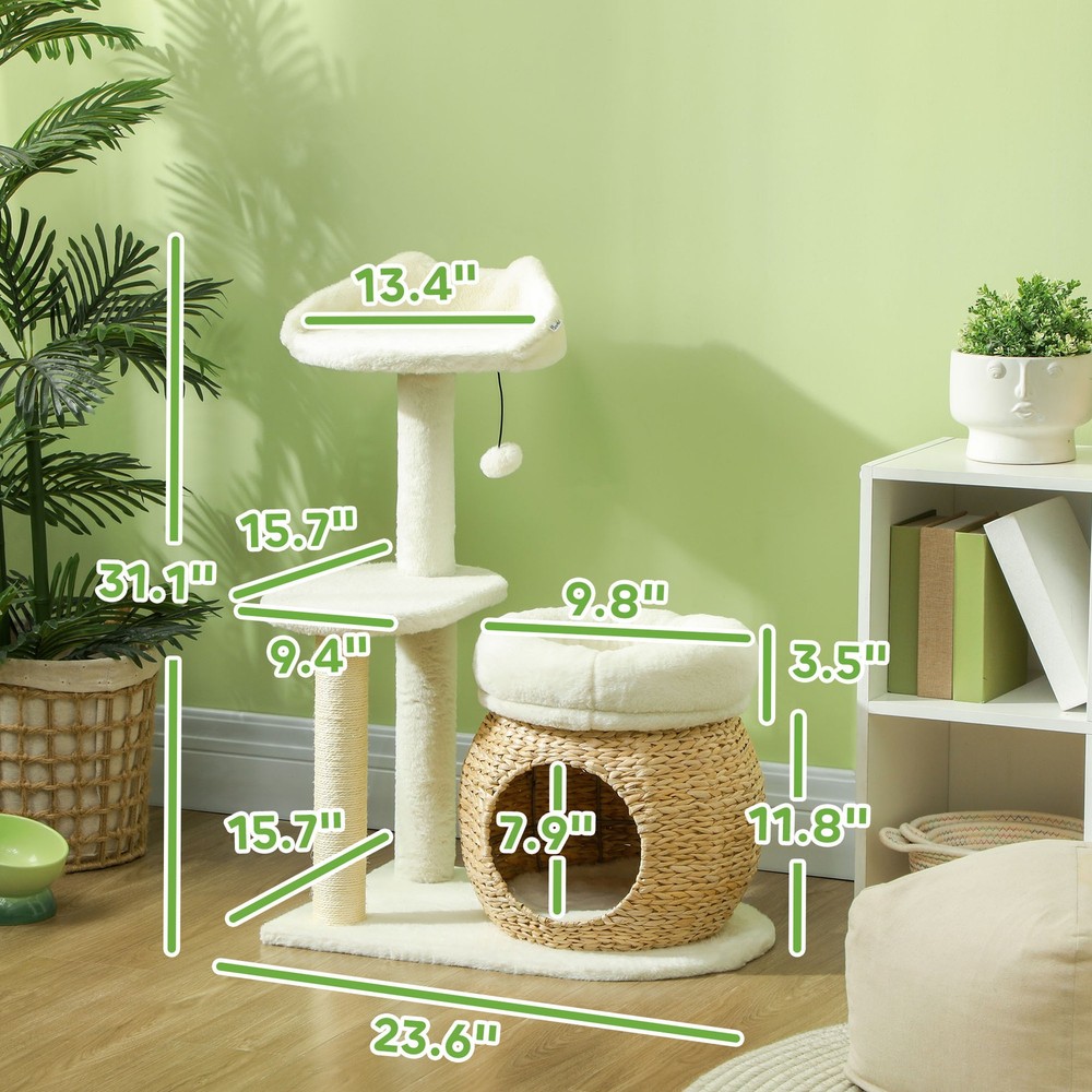 31" Cat Tree Tower with Scratching Posts, Cat Condo, Beds & Toy Ball