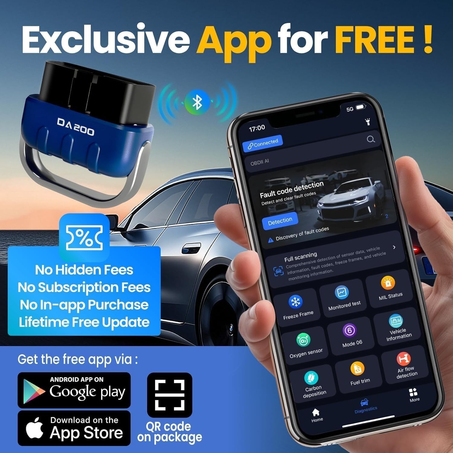 Bluetooth OBD2 Scanner Diagnostic Tool with AI Repair Guides Wireless w/Free APP