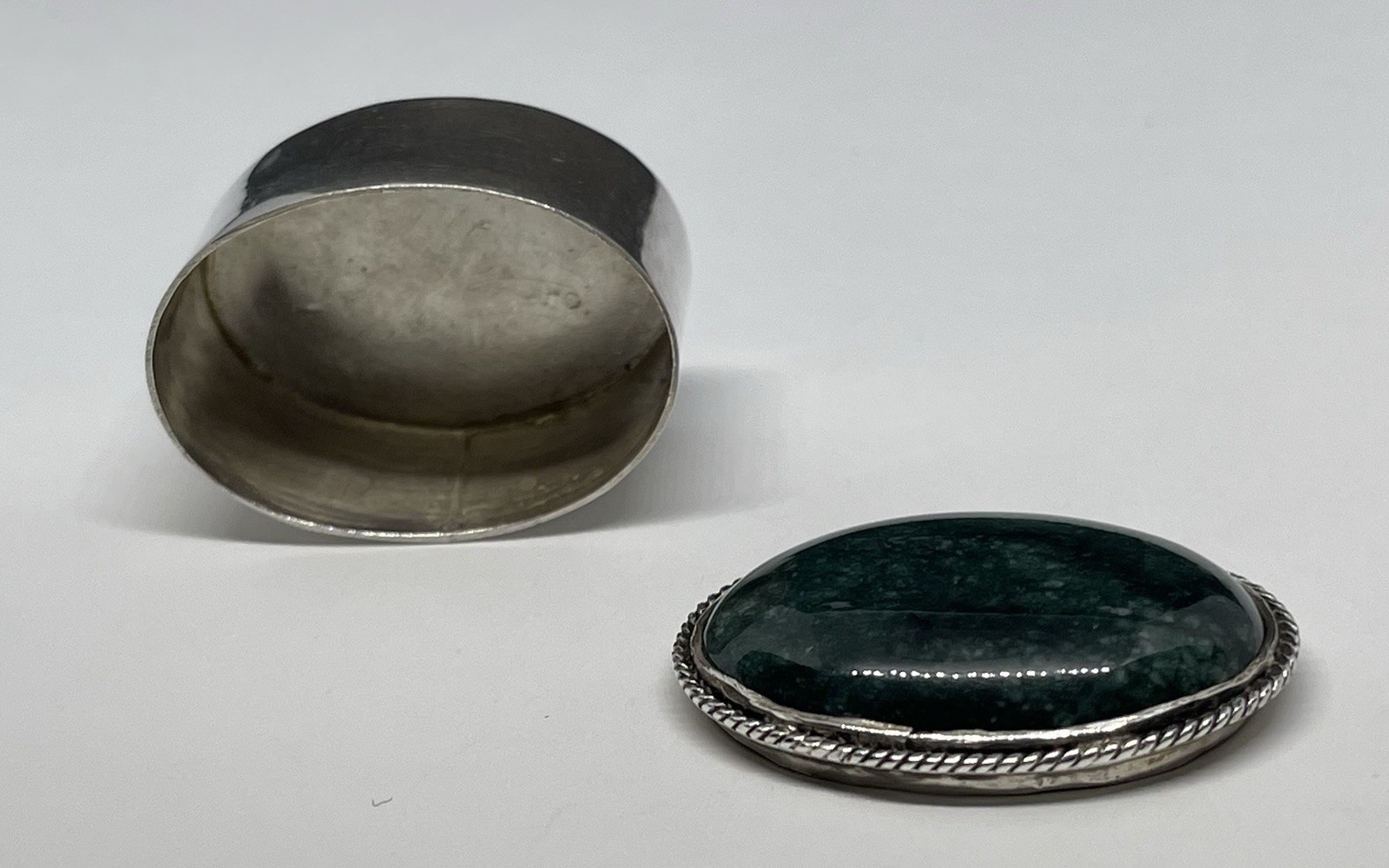Vintage Mini Sterling Silver Oval Pill Box with Beading and Jade Cabochon