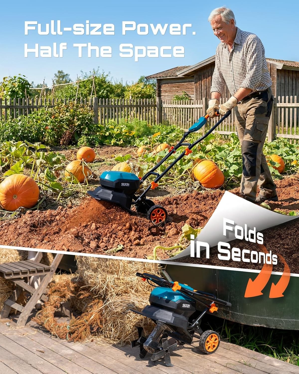 Seesii Cordless Cultivator 40V 12" Width 4x4Steel Tines 2x5000mah Battery Tiller