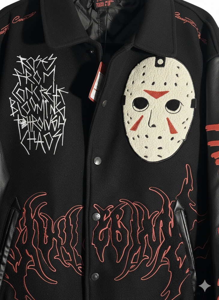 Men’s Horror Slasher Varsity Jacket | Embroidered Mask Patch Bomber Jacket