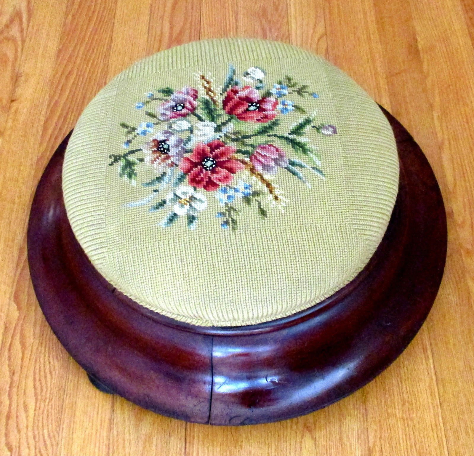 Antique Victorian Empire Pink Needlepoint Round Footstool Ottoman Mahogany