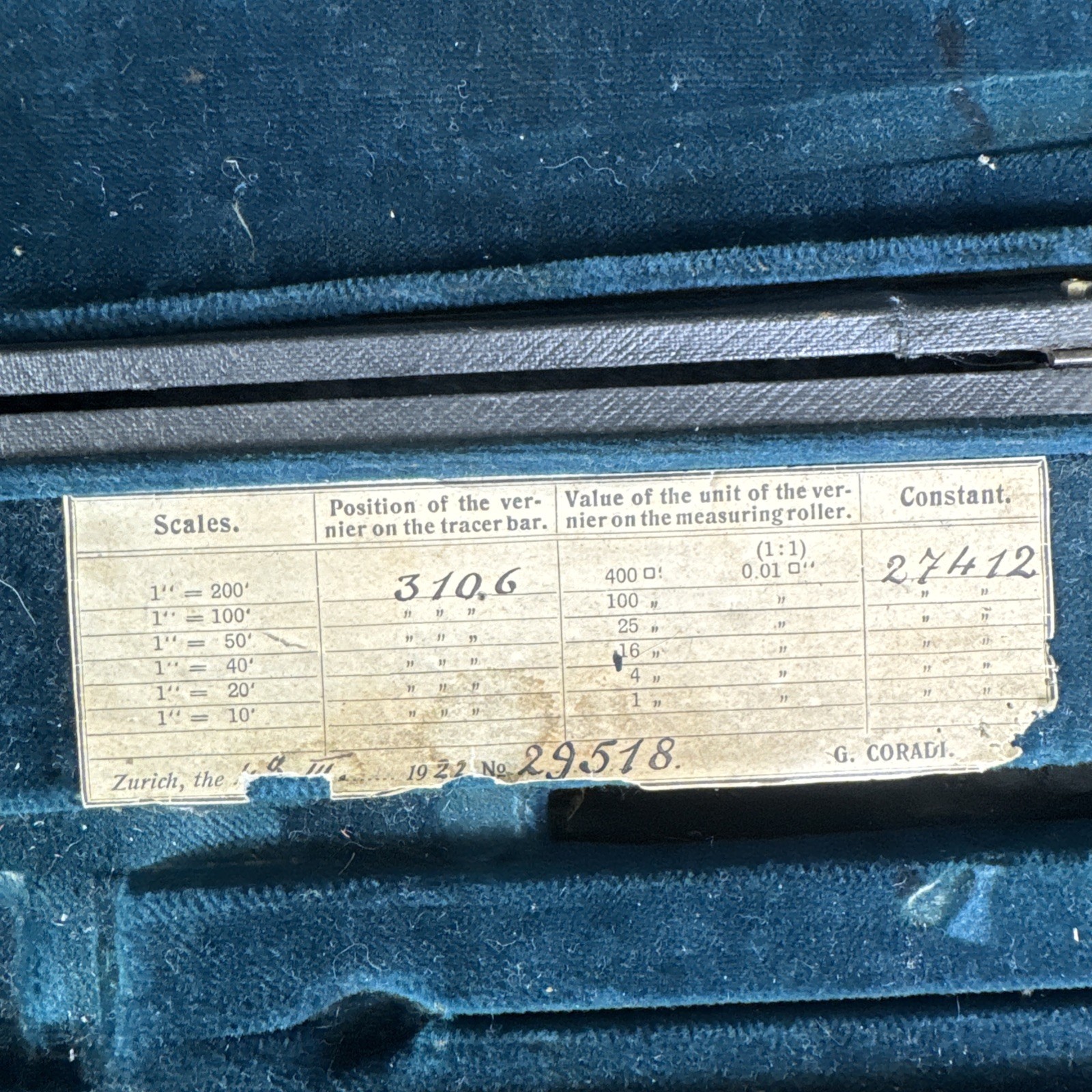 1922 G. Coradi Zurich Switzerland Compensating Polar Planimeter Dietzgen # 29518