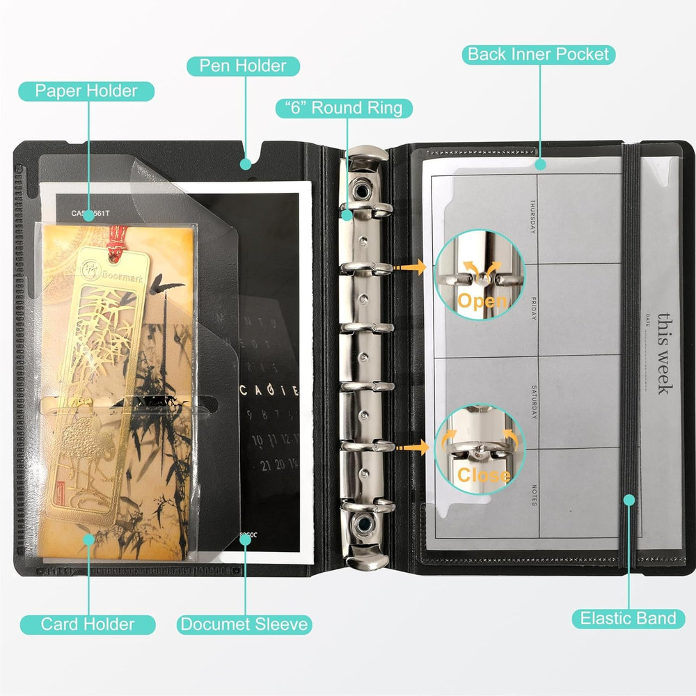 A7 Binder 6 Ring Notebook with Dividers Refillable Planner Binder with Pockets,