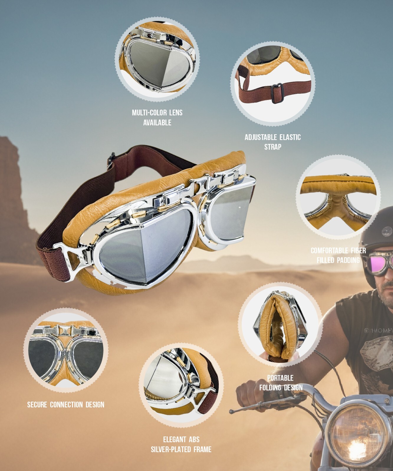 New CRG Vintage Bike Aviator Pilot Motorcycle Cruiser Scooter Goggles