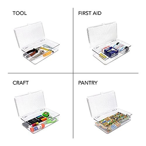 Stackable Clear Organizer Bin with Hinged Lid - 10.75"x6.5"x2.4" Storage Box for