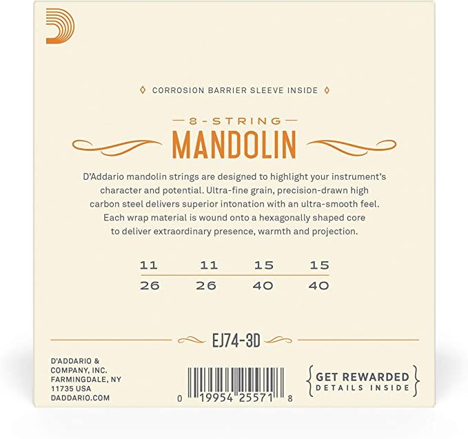 3 Pack D'Addario EJ74 Mandolin Strings, Phosphor Bronze, Medium 11-40 EJ74-3D