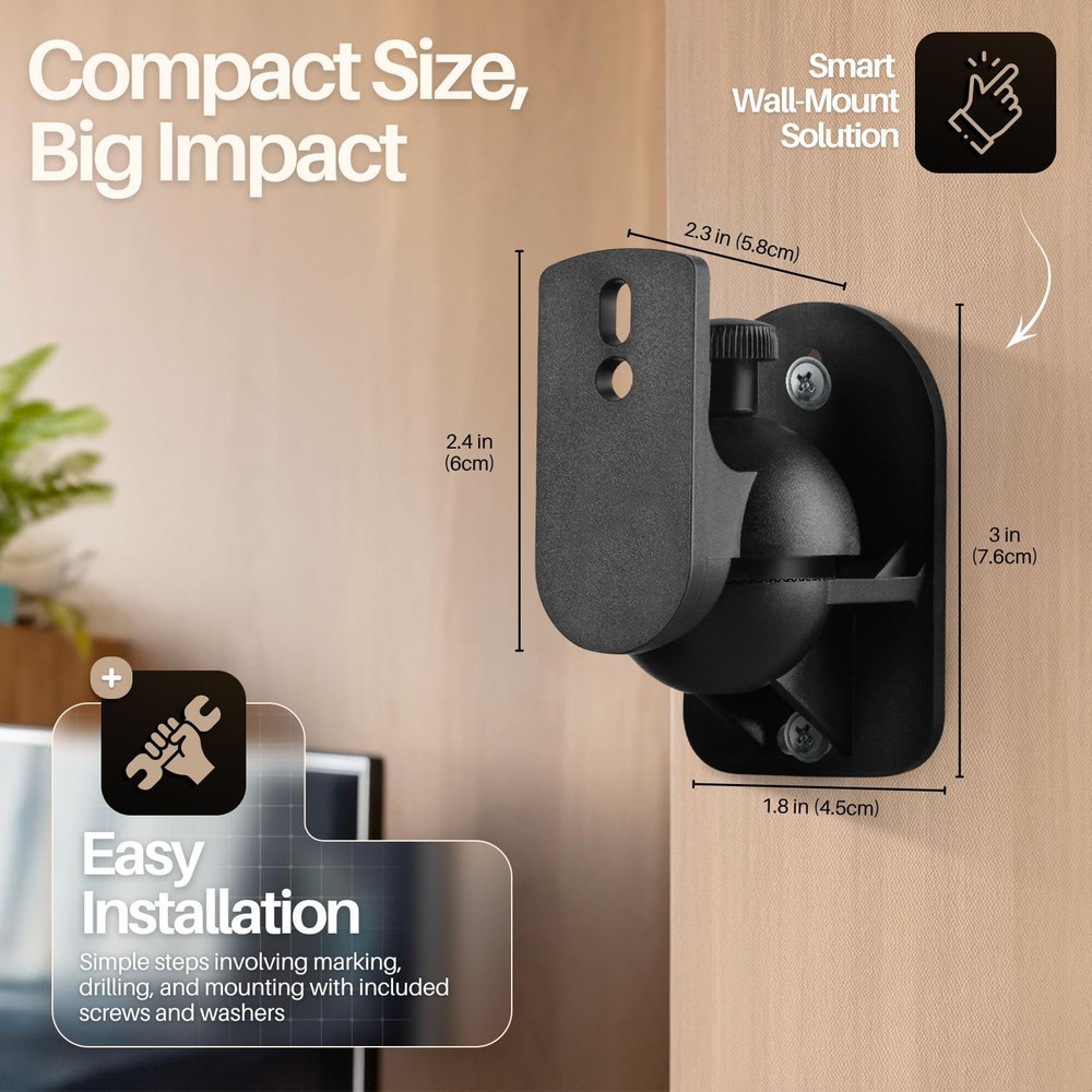 TNP Universal Satellite Speaker Wall Mount Bracket - 2 Pack, Black