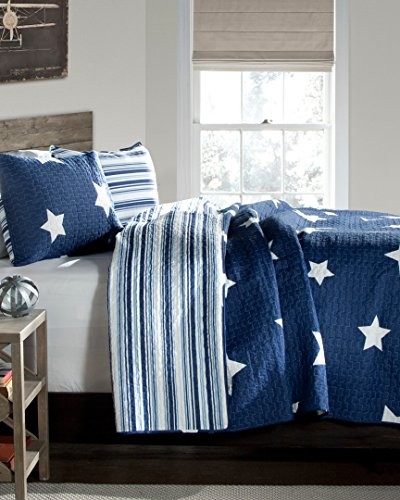 Star Quilt - Reversible 2 Piece Pattern Striped Bedding Set Full/Queen Navy