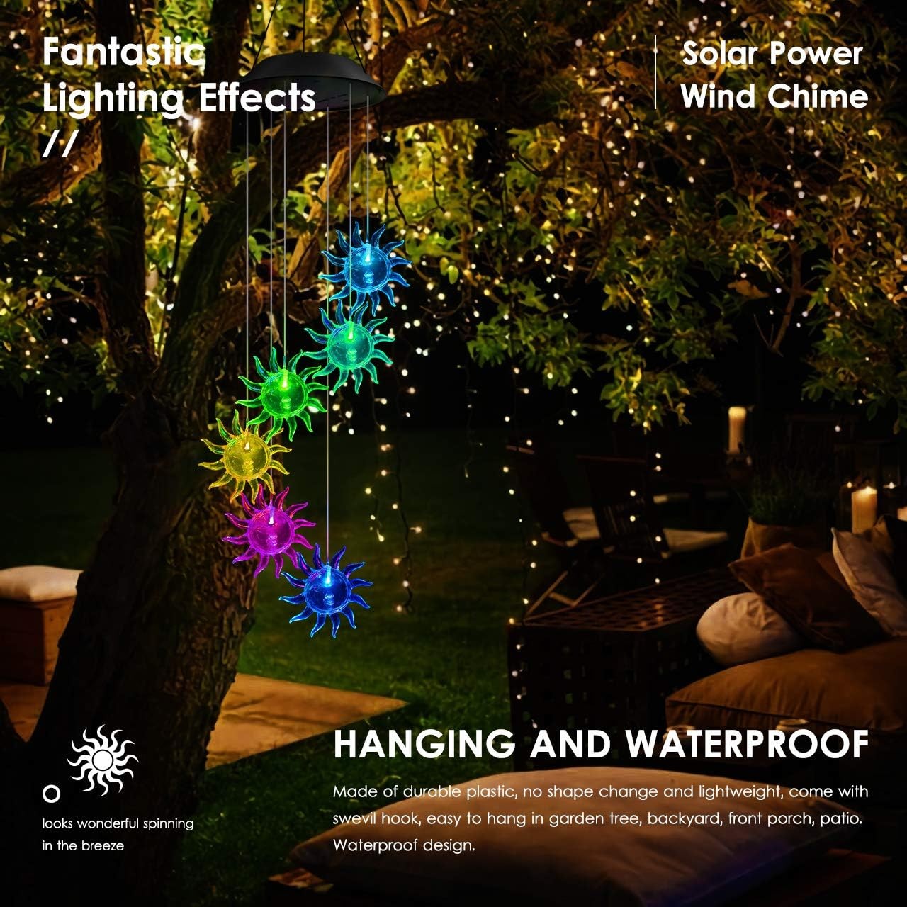 LED Sun Wind Chime Solar Powered Lights Color-Changing Yard Garden Decor 1Pack