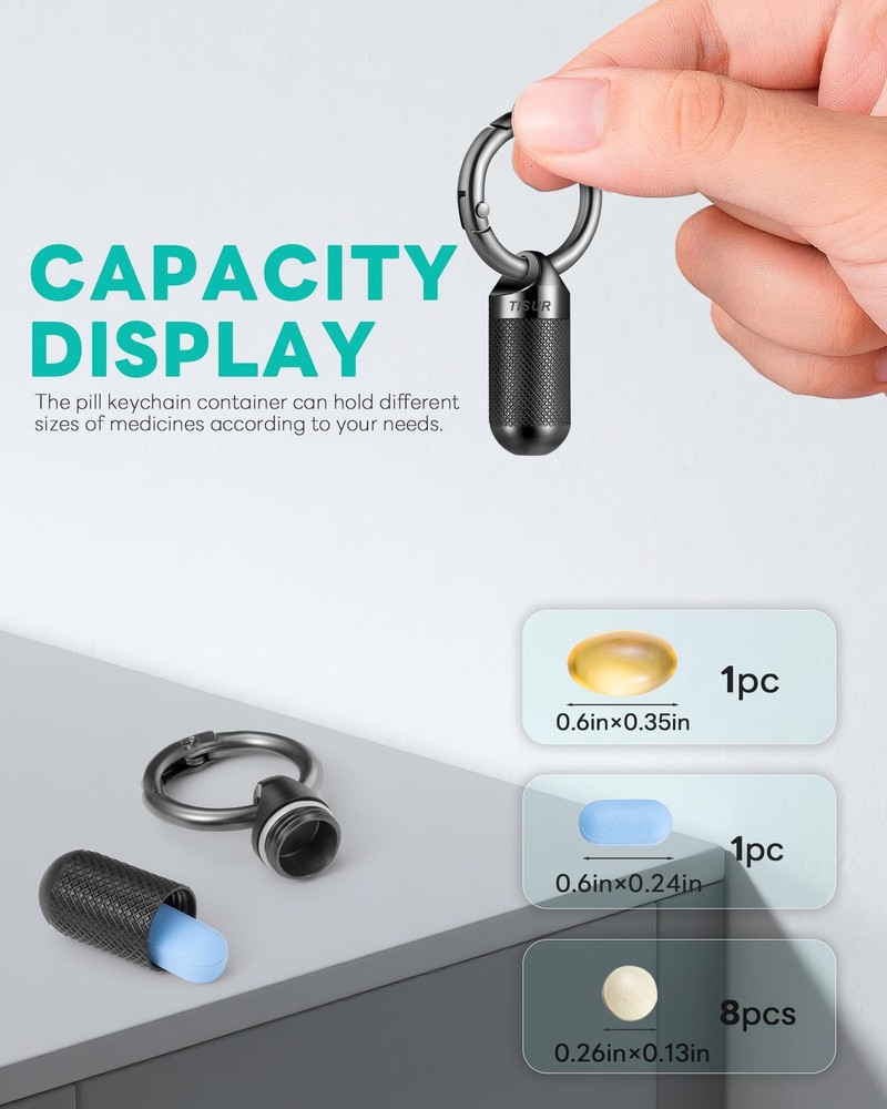 TISUR Small Pill Keychain Container, Mini Tiny Black-0.39 Inch, Black