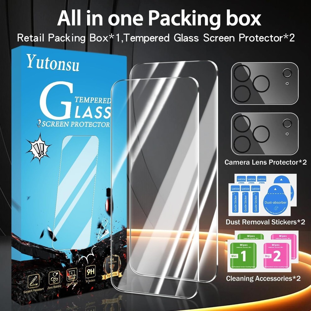 2 Pack Tempered Glass Screen Protector for iPhone 17 Pro Max with 2 Pack Camera