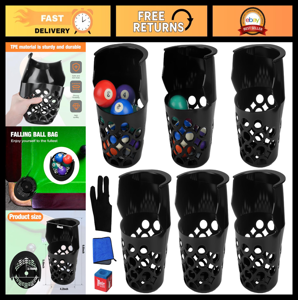 6 Pack Pool Table Pockets - Thick Plastic, Large Capacity Replacement Set