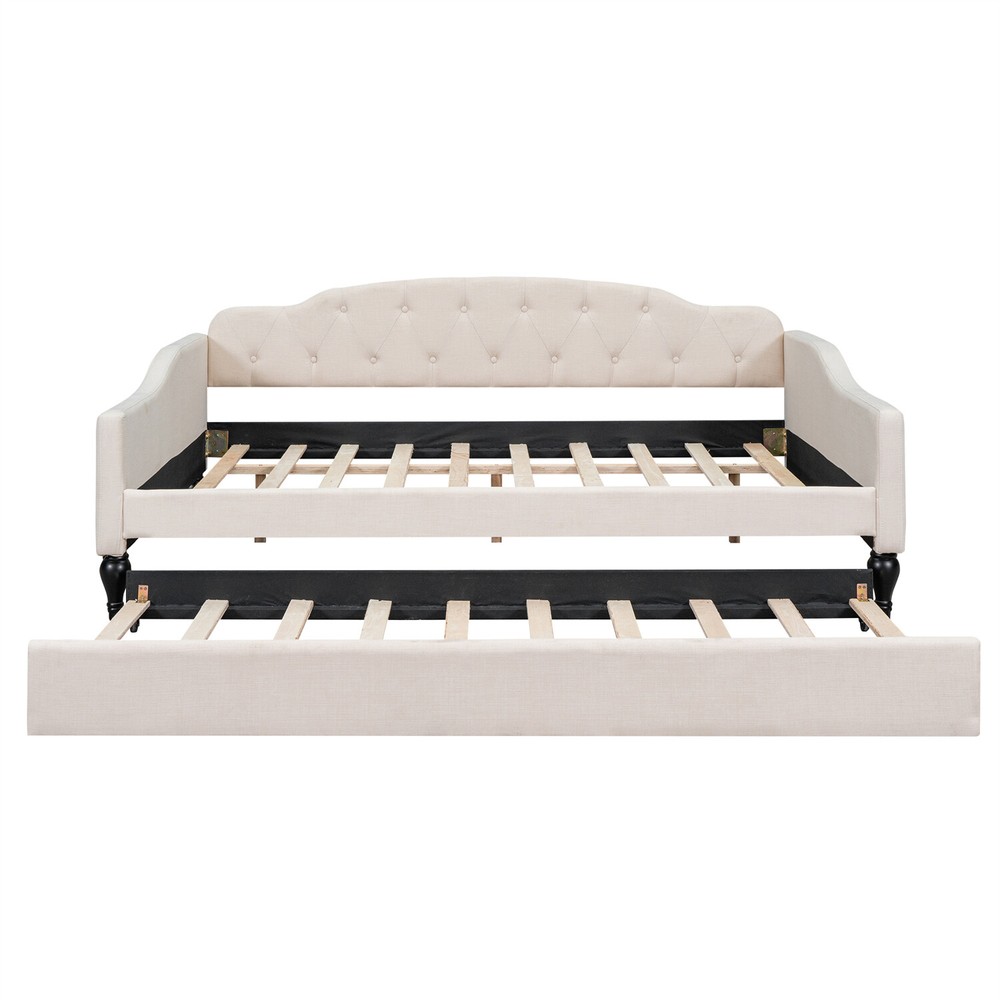 Full Size Daybed w/ Pull Out Trundle Bed Upholstered Bed Frame Sofa Bed Beige