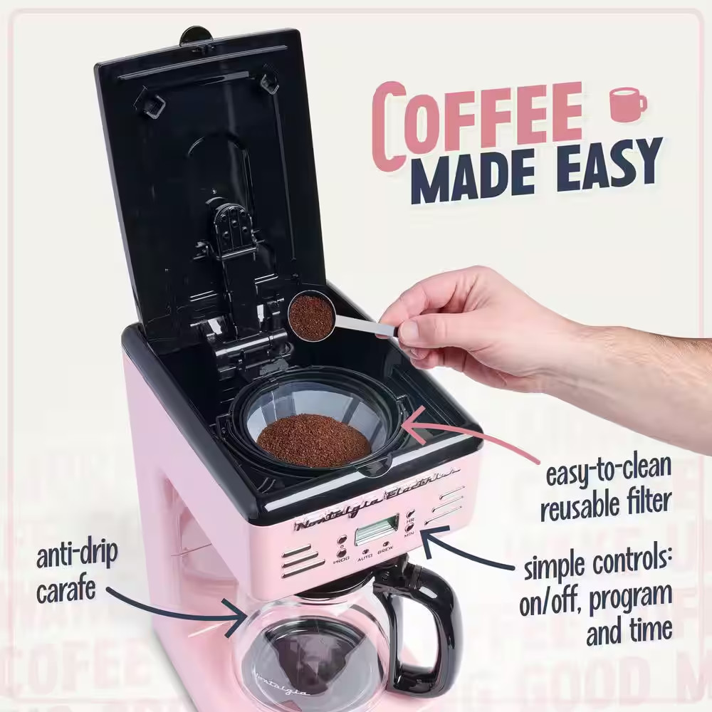 12 Cup Pink Drip Coffee Maker with Reusable Filter