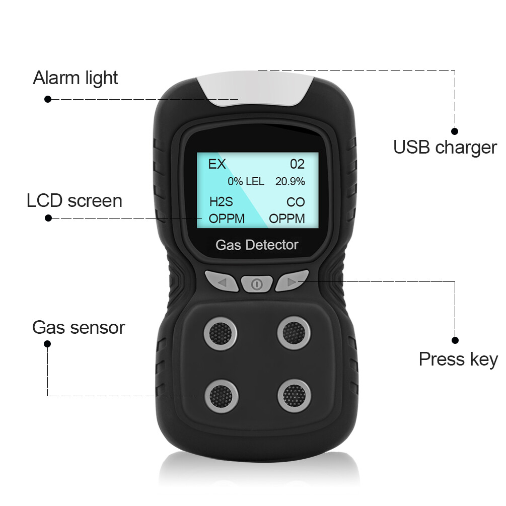 4-Gas Monitor Meter Tester Analyzer Portable Gas Detector Rechargeable Gas Clip