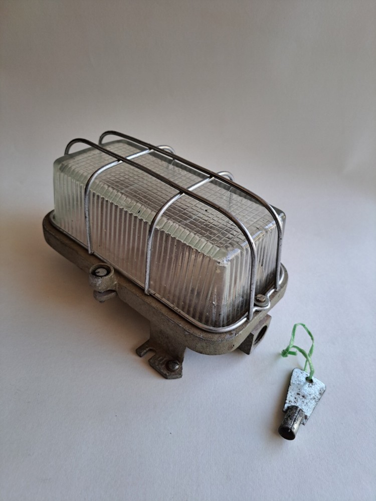 VINTAGE LARGE CAGED PRISMATIC BULKHEAD LIGHT STEAMPUNK