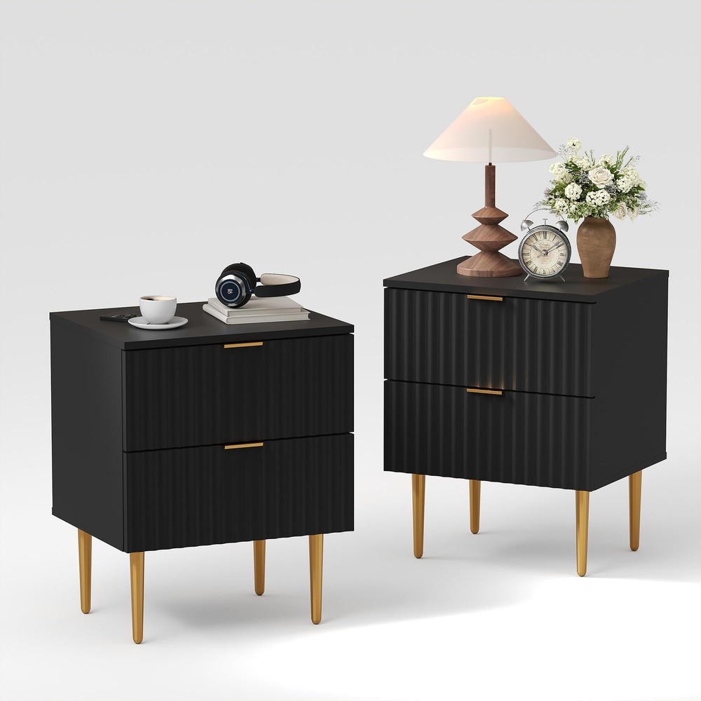 2pc Fluted Side Table Small Night Stand Bedside Table Nightstand with 2 Drawers