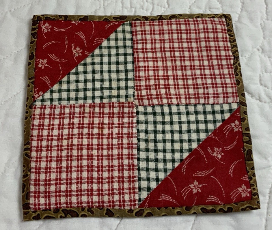 Antique Patchwork Quilt Table Topper, Four Patch, Early Calicos, Checks, Red