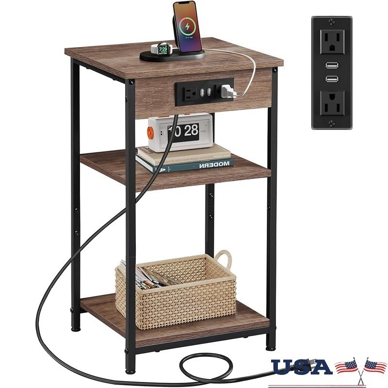 3-Tier Side Table W/ USB & AC Outlets Adjustable Shelf Ideal Small Spaces