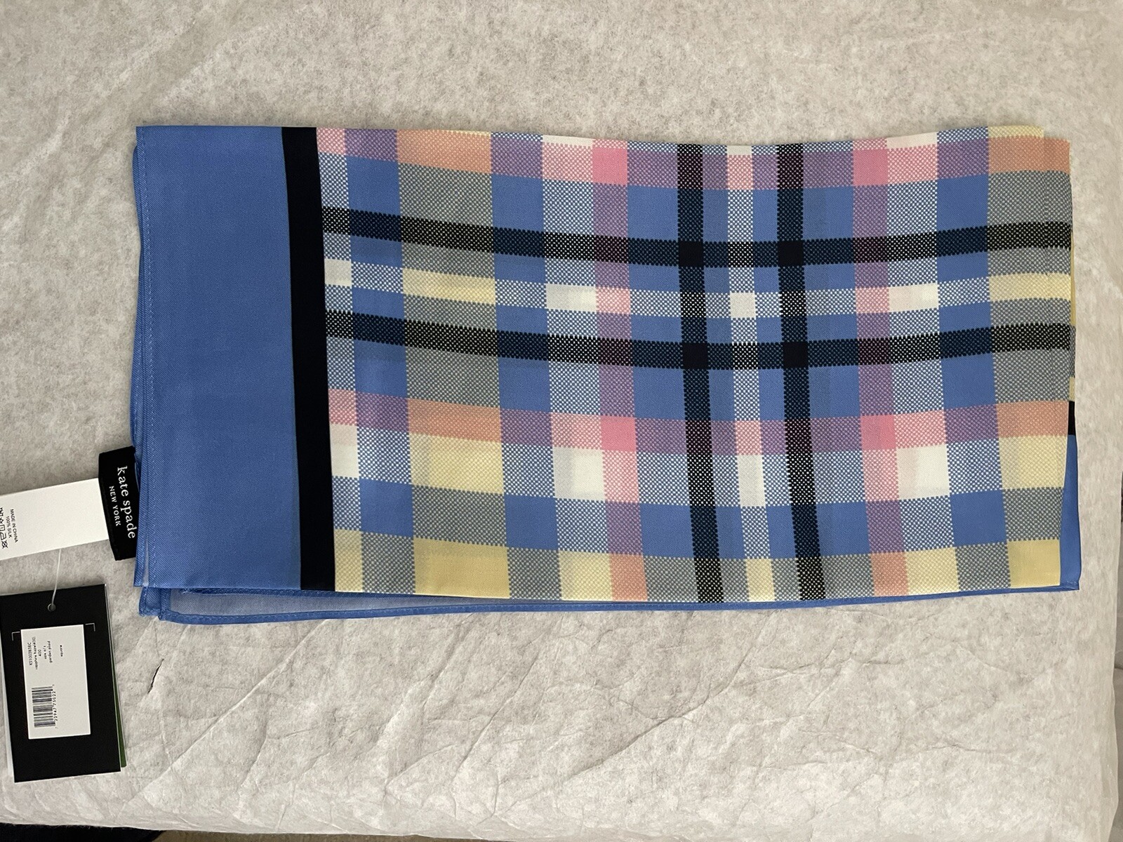 NWT Kate Spade Garden Plaid Square Silk Scarf $88 SAPPHIRE HAZE