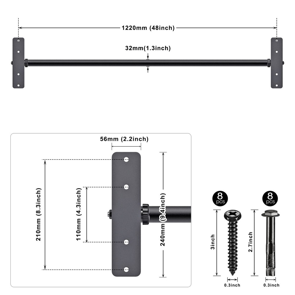 48" Heavy Duty Ceiling Pull Up Bar - Adjustable Height, Comfortable Grip, Eas...