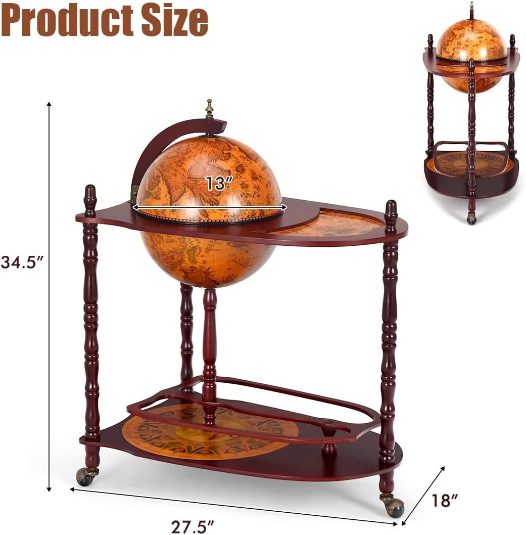 Globe Bar, 34.5” Globe Bar Liquor Cabinet with Wheels, Bottom Shelf, Old Worl...