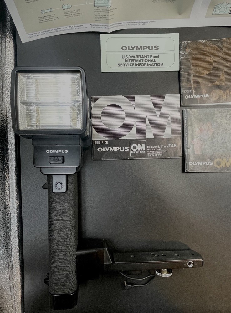 Olympus OM Manuals, System Chart, T45 Electronic Flash w/ bracket & battery