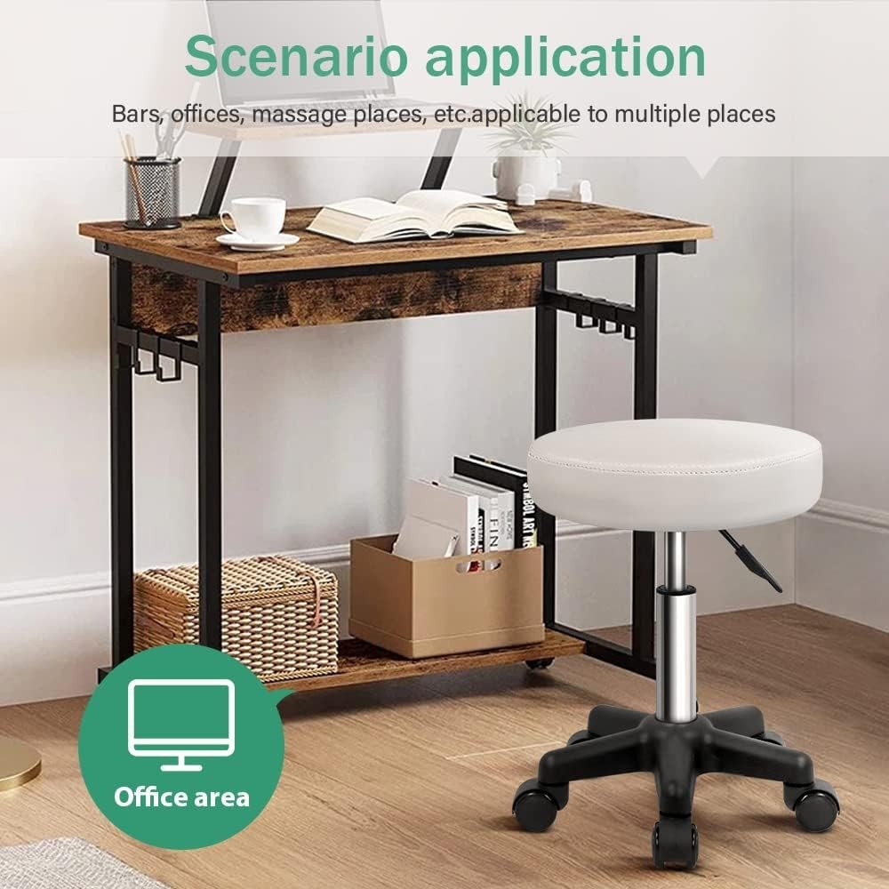 Versatile White Rolling Stool: Compact & Adjustable for Spa and Kitchen Use