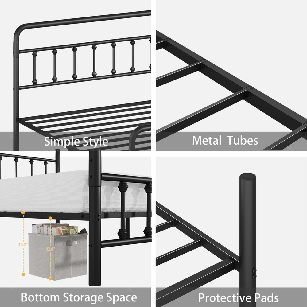 Black Metal Queen Bed Frame with High Headboard, Support, Ample Storage Space,