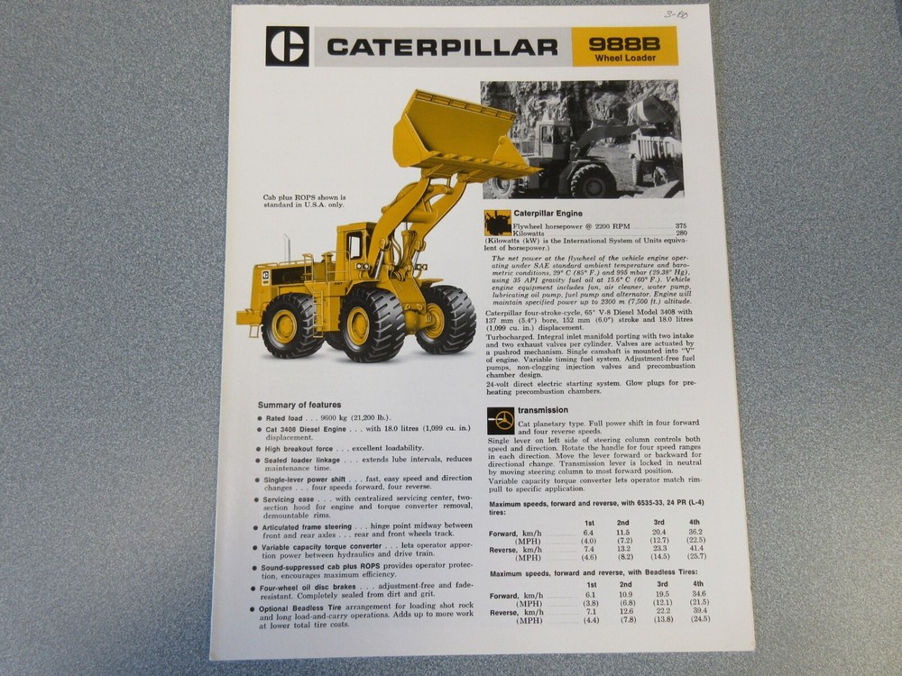 Caterpillar 988B Wheel Loader Brochure 6 Page Good Condition