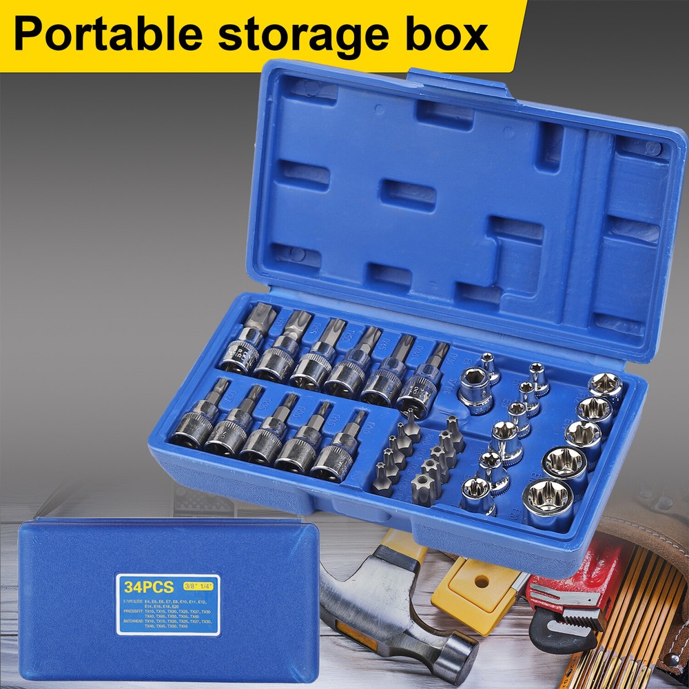 34Pcs Drive Male Female Torx Star Bit Socket E-Socket Set Handheld Tool For Car