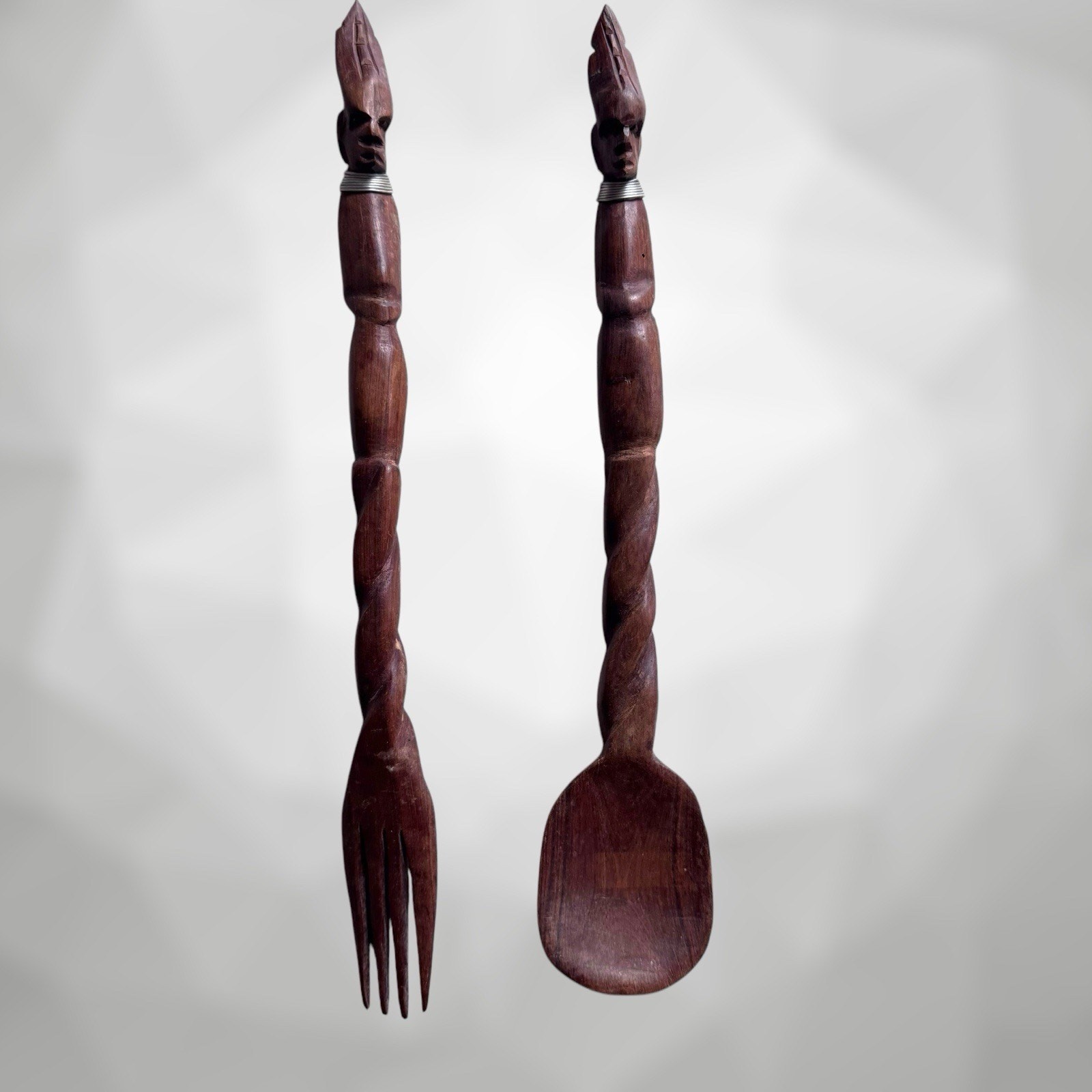 Vintage African Hand-Carved Wooden Large Spoon & Fork Set 14" Tribal Decor