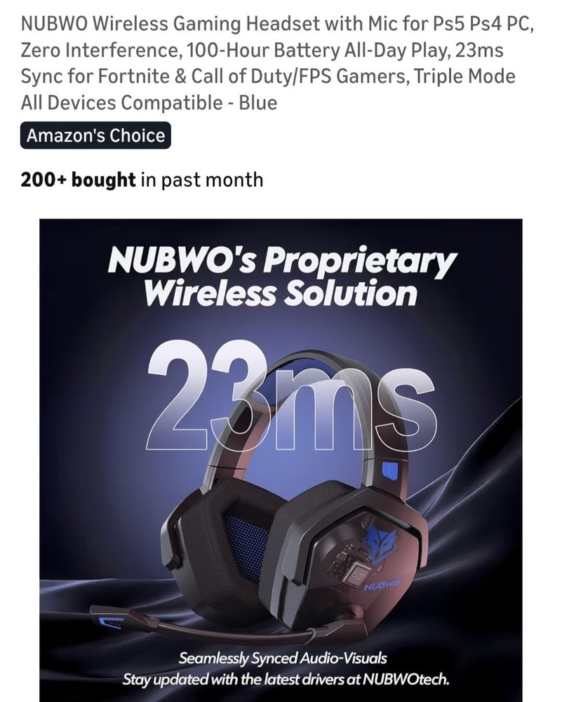 NUBWO Wireless Gaming Headset with Mic for Ps5 Ps4 PC, Zero Interference, 100-Hr