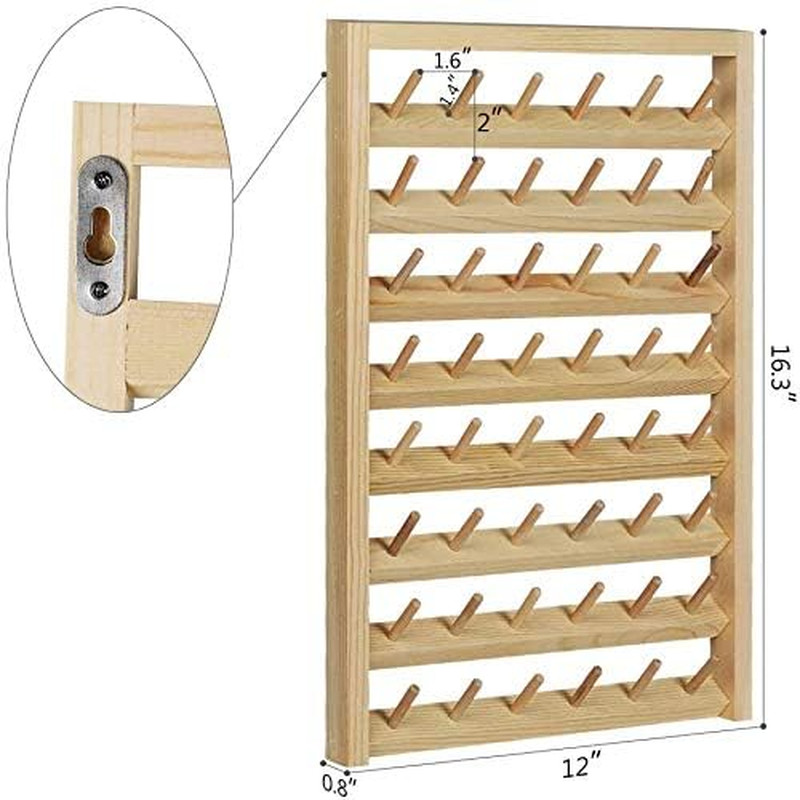 48-Spool Sewing Thread Rack, Wall-Mounted Thread Holder with Hanging Hooks, Wood