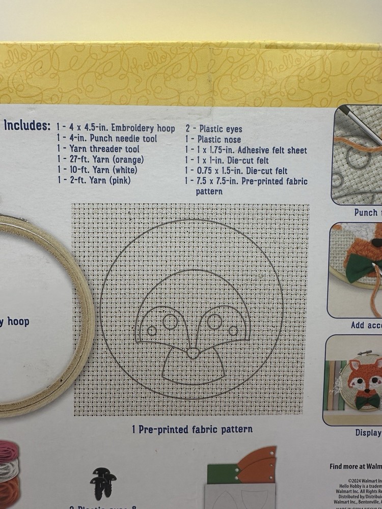 Hello Hobby Punch Needle Point Kit Fox With Hoop 4” Diameter
