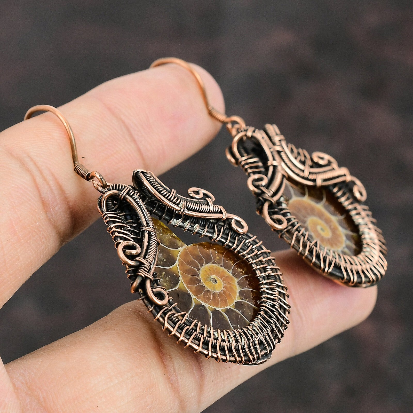 Ammonite Fossil Copper Valentine Gift Wire Wrapped Drop/Dangle Earrings 2.24"