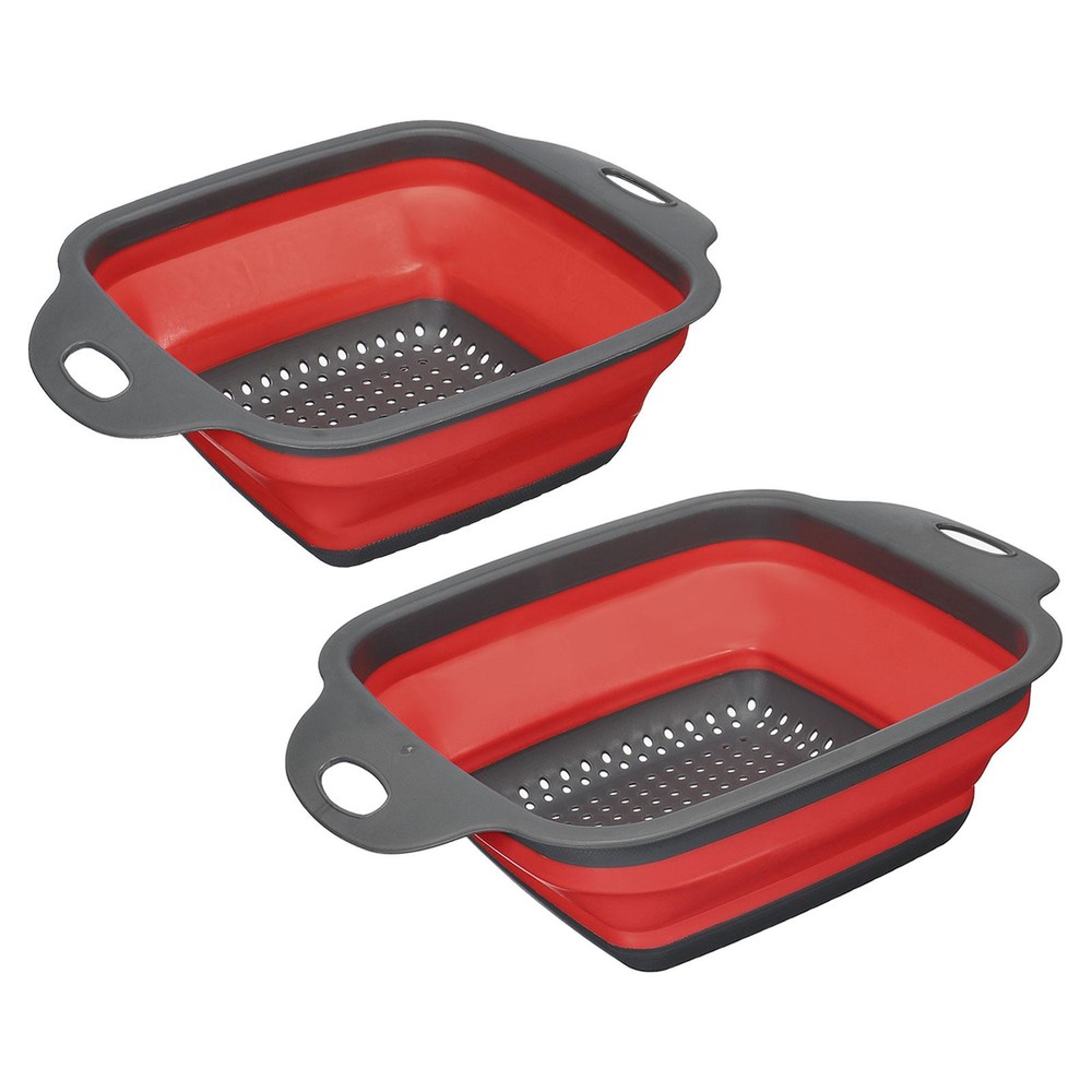 Collapsible Colander Set, 2 Size Silicone Square Foldable Strainer - Red
