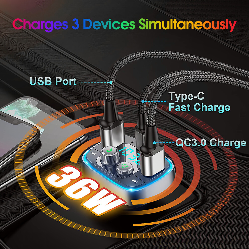 Bluetooth 5.0 Car Wireless FM Transmitter Adapter 2USB PD Charger Hands-Free AUX