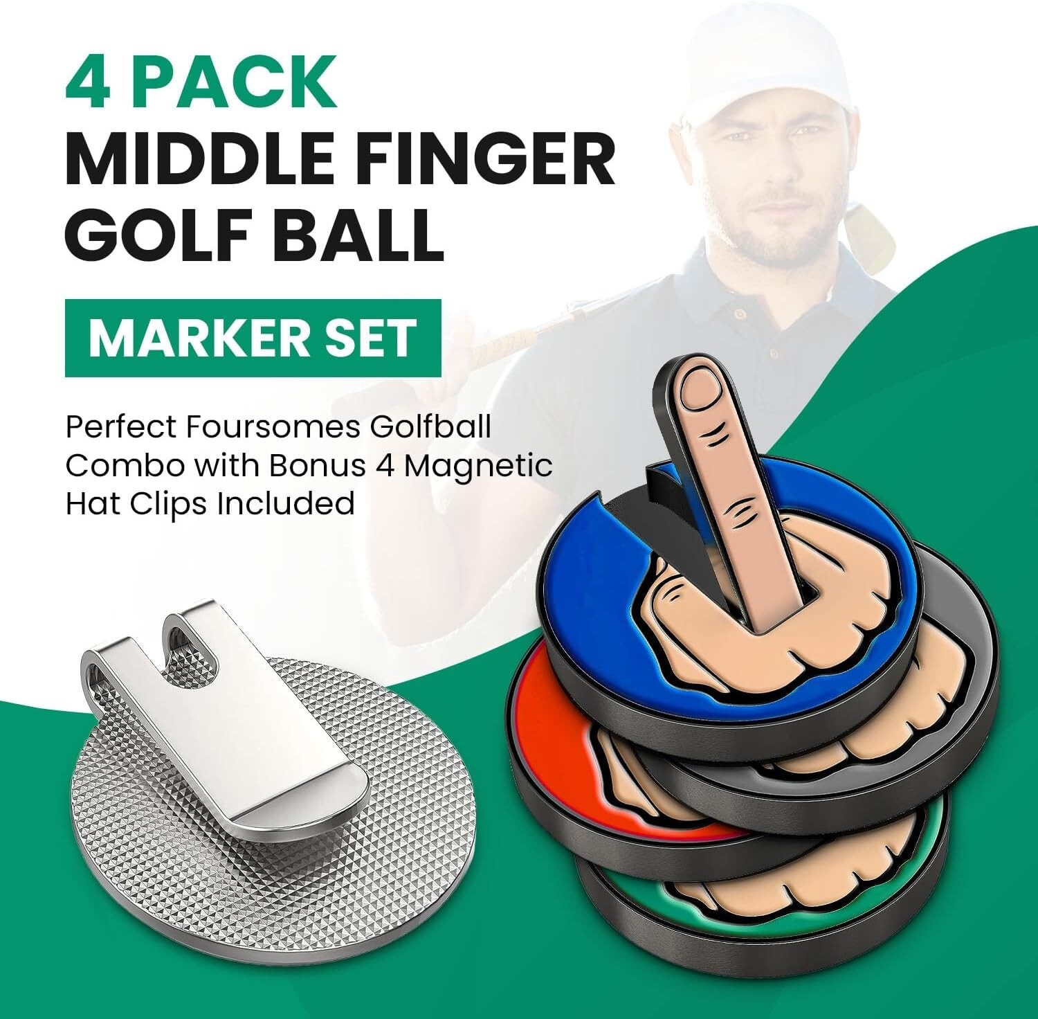 4 Pack Middle Finger Golf Ball Marker with Magnetic Hat Clip Foursomes Combo Set