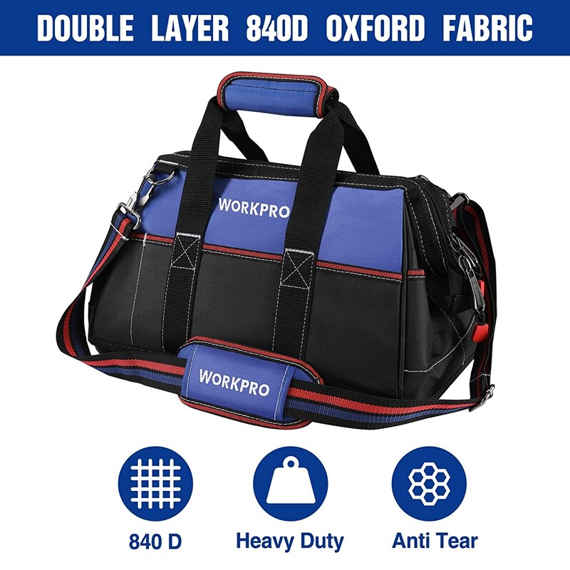 WORKPRO 16-inch Wide Mouth Tool Bag Heavy Duty Tool Storage Bag w/Shoulder Strap