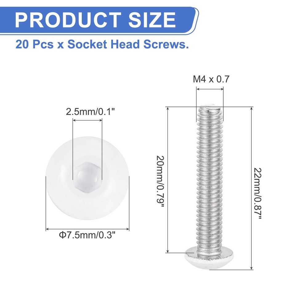 20 Pcs M4-0.7 x 20mm Button Head Socket Cap Screw Machine Screw, White