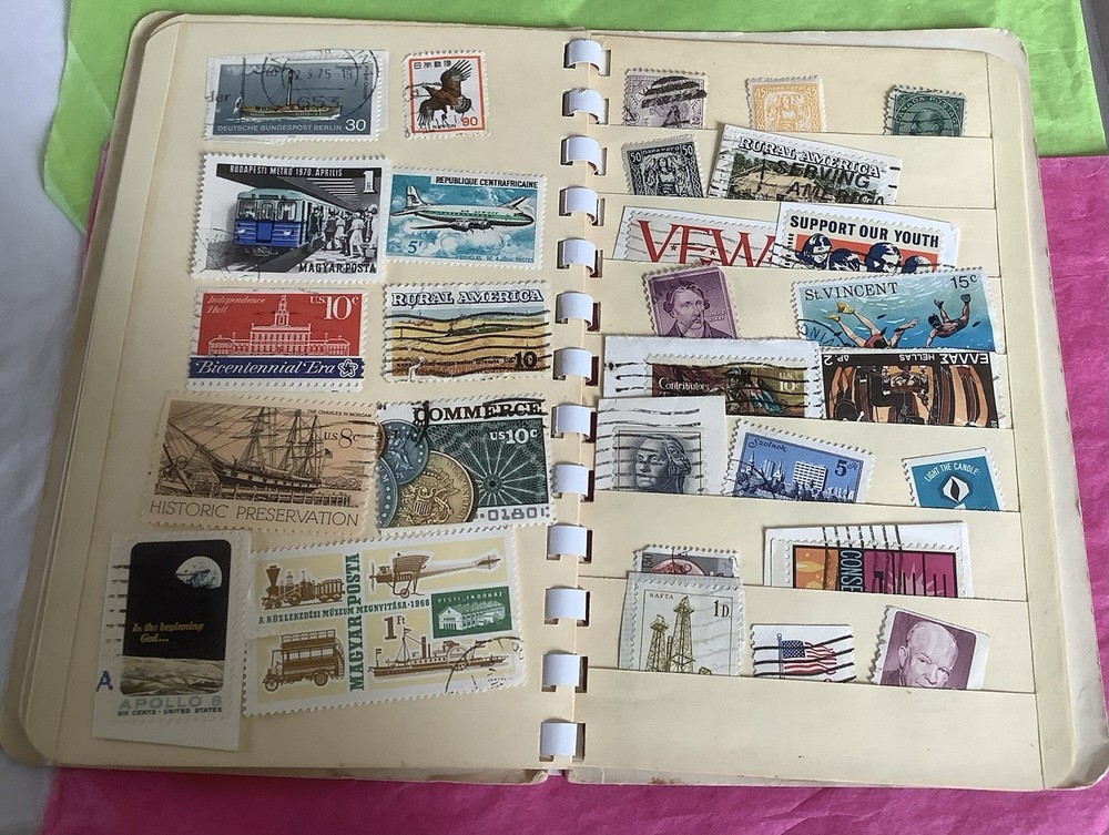 Vintage 2 Stamp Collector’s Stock Books WITH Approx.100+ Per- 1960’s 70’s 80’s