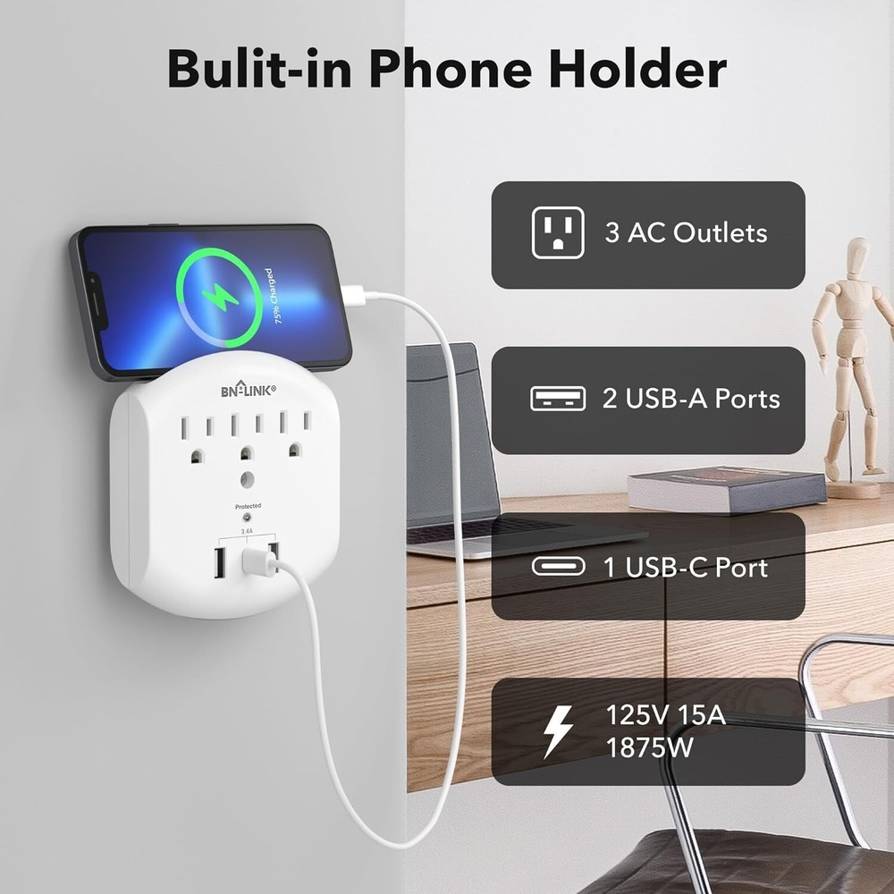3-Outlet Extender, Multi Plug Outlets,Surge Protector with Top Phone Holder