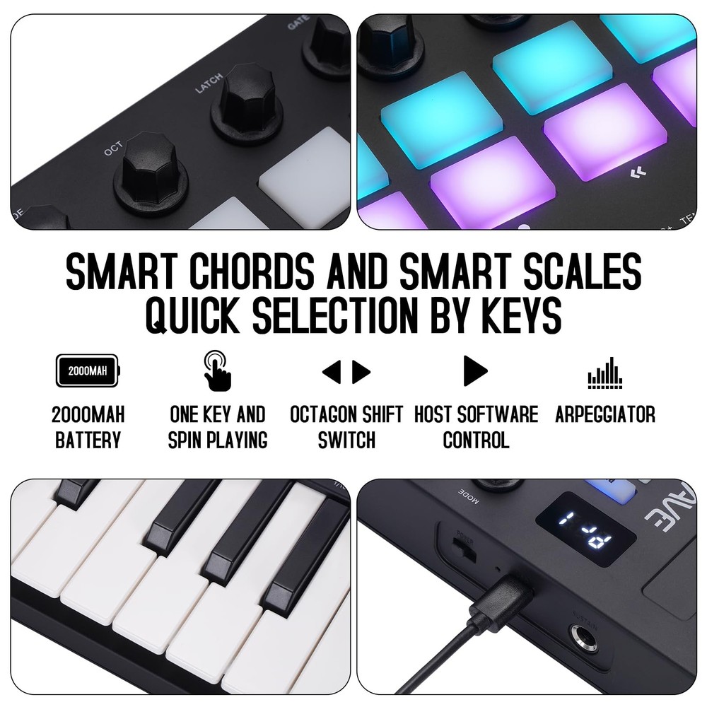 25 Key USB MIDI Keyboard Controller With 16 Backlit Drum Pads, Bluetooth Semi...