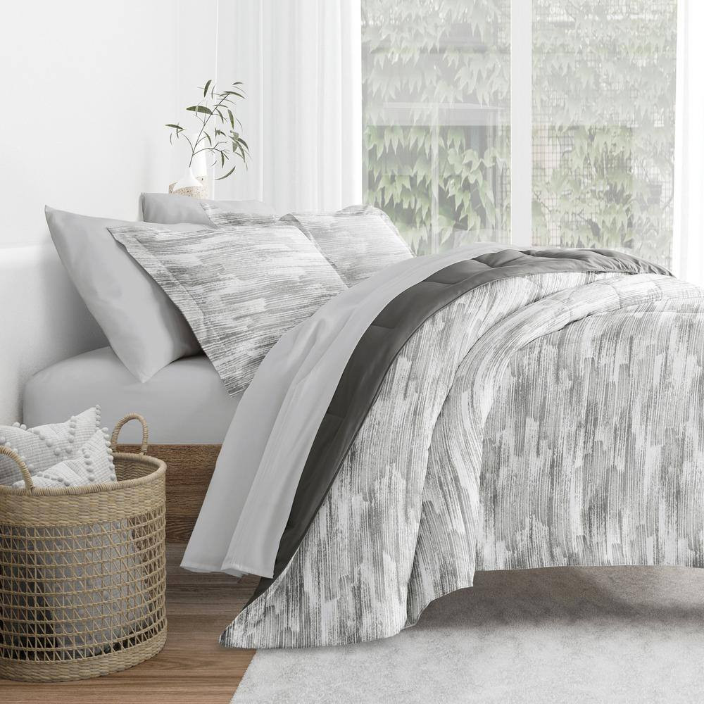 7-Piece Textured Stripe Gray Pattern Comforter Queen Microfiber Bedding Bundle