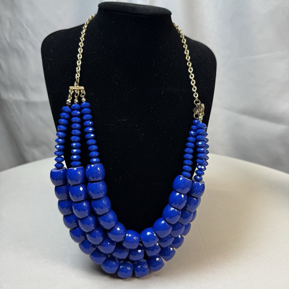 Blue Bead Scoop Triple Layer Bib Necklace