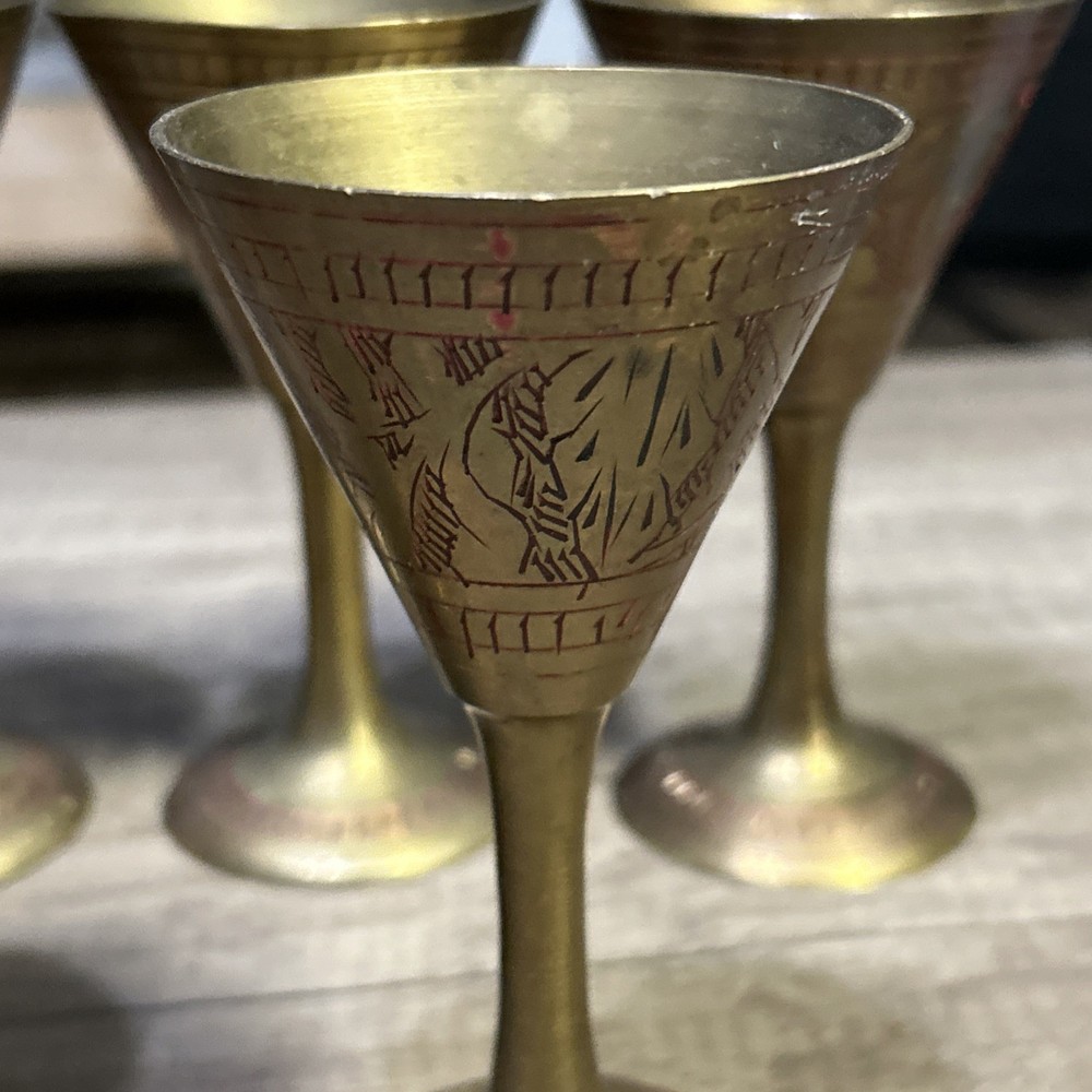 Etched Brass Wine Goblet India Table Top Decor Vintage Beware 5 Small Solid Cups